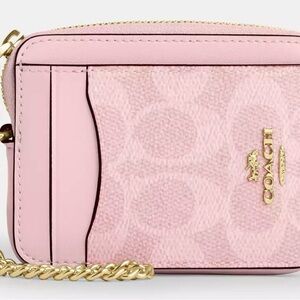 Coach Pink Zip Card Case In Signature Canvas
